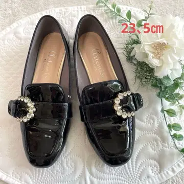 에나멜 블랙 로퍼 스톤 버클 비쥬 장식 23.5cm