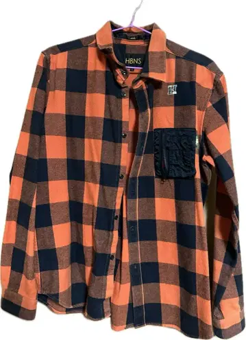 HBNS 긴팔 플란넬 셔츠 L 오렌지 블랙 체크