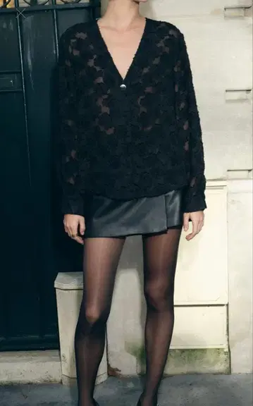 블랙 레이스 V넥 긴팔 셔츠 블라우스 L 사이즈