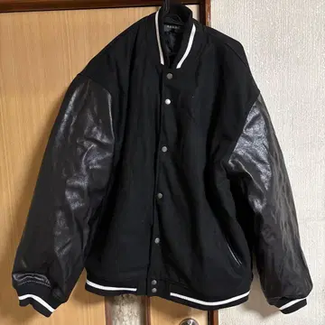 AIVER 블랙 바시티 자켓 울 가죽