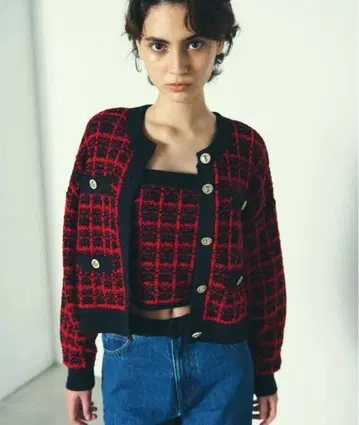 다이어그램 체크 크루 니트 가디건 레드 미사용 택 포함