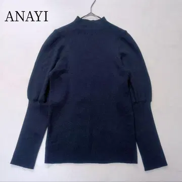 ANAYI 울 실크 하이넥 퍼프 슬리브 니트 미라인 다크 네이비