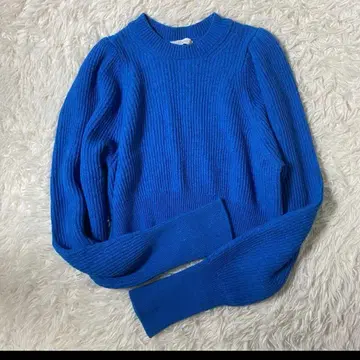 plage 아제 퍼프 슬리브 숏 니트 플라주 블루 린넨 혼방 면 마