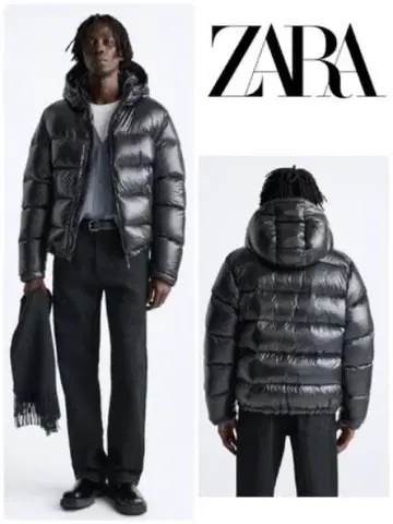 ZARA 블랙 후드 부착 다운 자켓 반질반질 다운