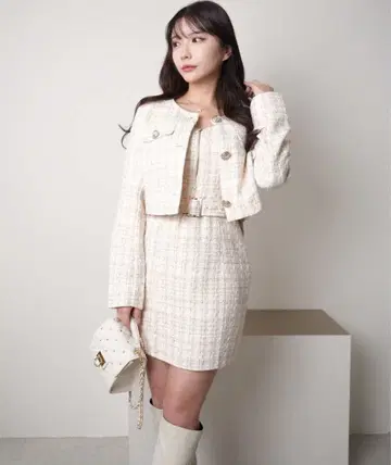 립 서비스 스프링 트위드 노카라 자켓 점프 스커트 원피스