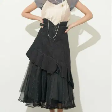 라벨에튀드 턱 프릴 볼륨 튤 데님 스커트 블랙