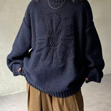 CPCM 동일 컬러 꽃 무늬 자카드 패턴 니트 네이비 M 사이즈