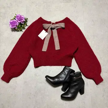 하립투 니트 백리본 돌먼 슬리브 크롭 세탁 가능 F