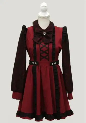 유메텐보 원피스 프릴 가득 레이스업 리본 원피스 보르도 레드