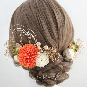 오렌지 츠마미자이쿠 머리 장식 성인식 헤어 액세서리