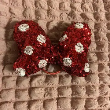 디즈니 미니 스팽글 레드 리본 머리끈 대