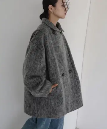 샤기 미들 코트 샤기 더블 코트 차콜 그레이 hellam