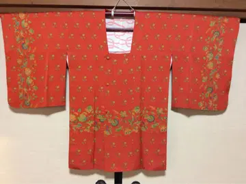 미사용 기모노 오렌지 꽃무늬 겉옷 도행 코트 순수 실크