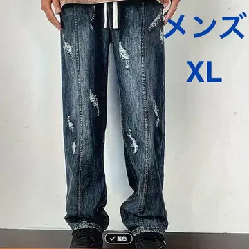 데미지 가공 남성용 여성용 데님 팬츠 XL 다크 블루 당일 발송!!