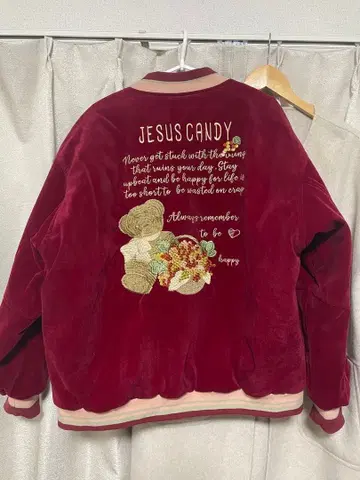 벨벳 자켓 곰 자수 충전솜 꽃무늬 퀼팅 안감 PINKHOUSE풍 레드