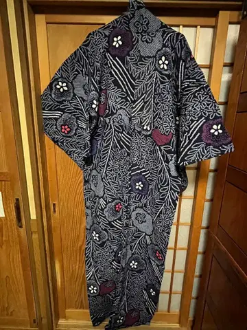 보라색 꽃무늬 유카타 파랑 오비 세트