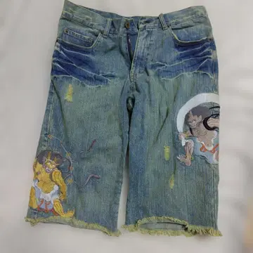 데님 하프 팬츠 풍신뇌신 자수 데미지