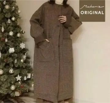 Mecherie 브라운 계열 체크 롱 코트