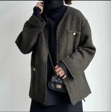 DOUDOU 노카라 트위드 자켓 카키