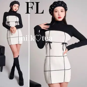 택 포함 새상품 다리치 도킹 리본 디자인 니트 미니 원피스 화이트 FL
