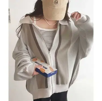 지퍼 달린 스트라이프 가디건