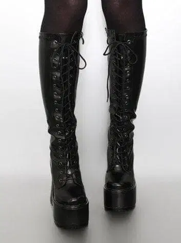 SAVAGE 레이스업 통굽 롱 부츠