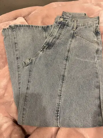 데님 와이드 팬츠 블루 M 자수