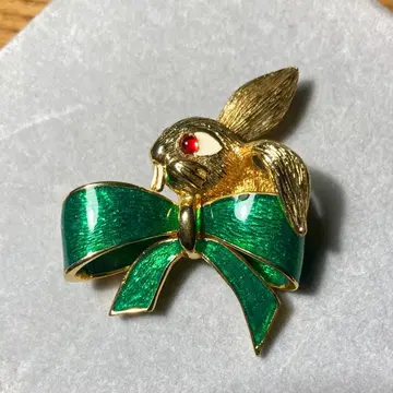 best 토끼 리본 브로치 골드 그린 미국 빈티지
