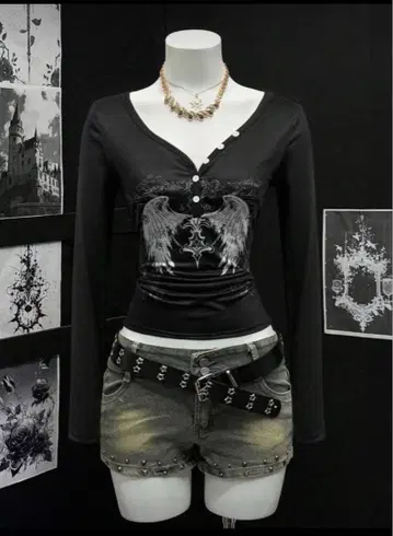 Y2k V넥 버튼 반쯤 열린 프린트 긴팔 T셔츠