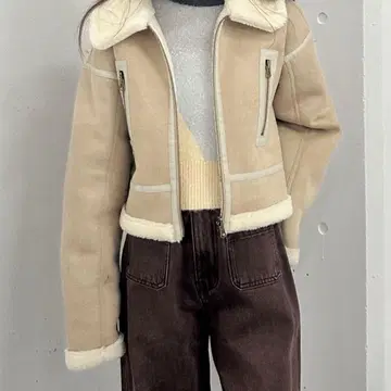 베이지 무스탕 라이더 자켓