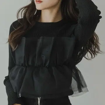 rectangle 튤 프릴 도킹 리브 니트