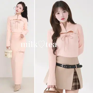 택 포함 새상품 다리치 스티치 리본 오픈 니트탑 핑크 프리