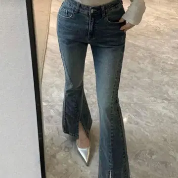 데님 플레어 팬츠 슬릿 포함 하의 한국 패션 블루