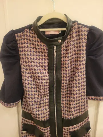 체크 무늬 반팔 원피스 네이비