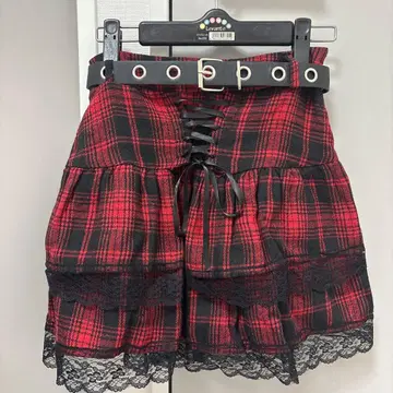 레드 블랙 체크 미니 스커트 벨트 포함