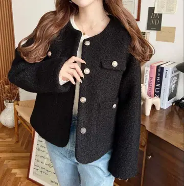 페이크 울 골드 버튼 노카라 자켓