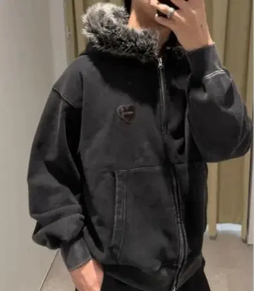 ONCILY 하트 패치 인조 모피 지퍼 후디