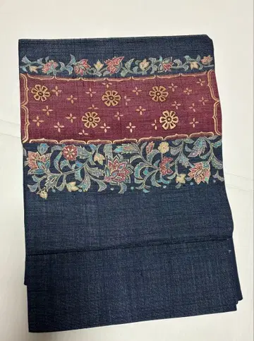 츠무기 캐주얼 후쿠로 오비 네이비 컬러 꽃 사라사에 자수