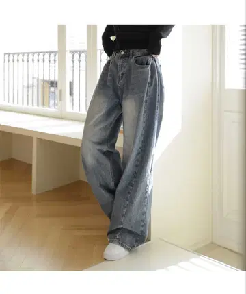 한국 스타일 라이트 블루 데님 와이드 레그 팬츠