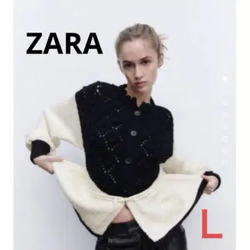 ZARA 바이컬러 콤비 드로우 스트링 니트 가디건 레이스 편직