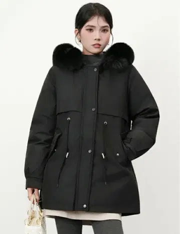 충전솜 속기모 아우터 인조 모피 블랙 L 허리끈