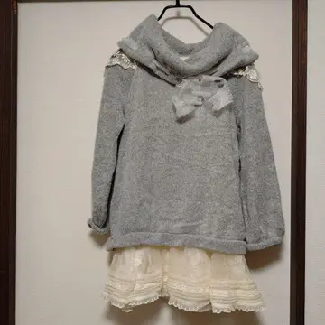 LIZLISA 그레이 긴팔 니트 꽃무늬 레이스 미니 원피스