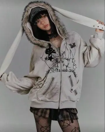 그레이 토끼 귀 후드 부착 후드티 Y2K