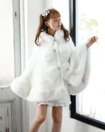 LIZLISA 더블 리본 니트 퍼 판초 화이트