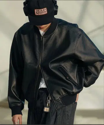 Bleme 더블 지퍼 가죽 MA-1 플라이트 자켓 블랙