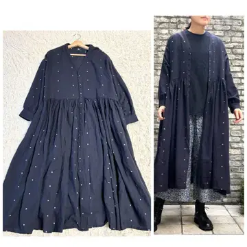 maison de soil 자수 도트 롱 원피스 프론트 오픈 네이비