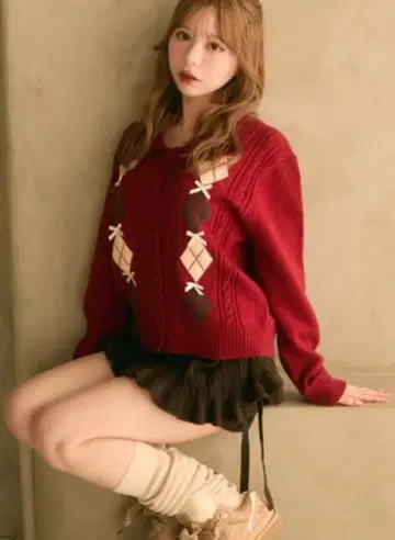 리본 포함 아가일 무늬 니트