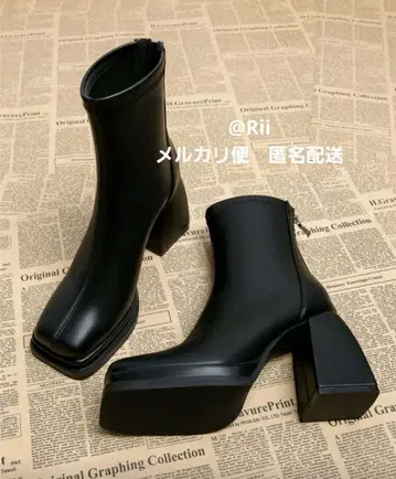 블랙 부츠 CN40 힐 9.5cm 청키 부츠 와이드 힐 통굽