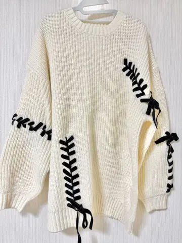 원웨이 오버 사이즈 니트 스웨터 리본 레이스업 원피스