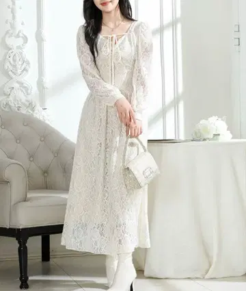 롱 원피스 드레스 아이보리 화이트 레이스 리본